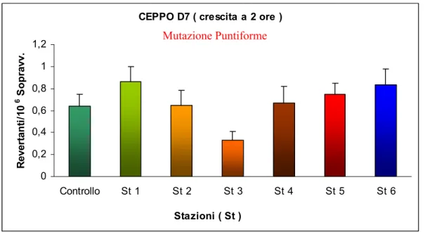 Fig. 3.6: Effetto degli elutriati delle stazioni 1-6, sulla mutazione puntiforme del CEPPO D7   in fase di crescita a 2 ore