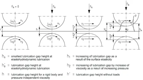 Figure  1-3: Effect of the elastic deformation and viscosity on EHL film  generation (source: [http://www.ime.rwth-aachen.de,2003])