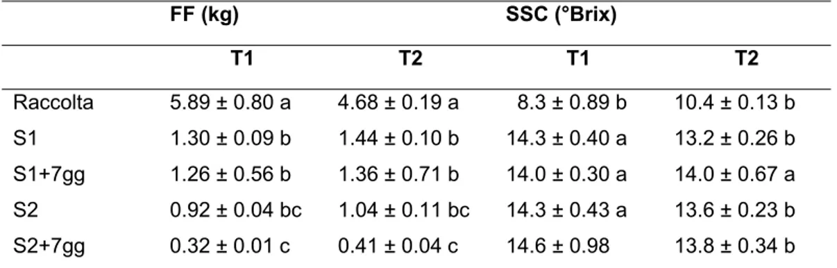 Tabella 4.4. Consistenza della polpa (Kg) e contenuto in solidi solubili (SSC) in frutti di 