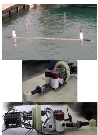 Figure 3.2: On the top: the F´ olaga II vehicle. On the middle: front view of the bow, with the CTD probe and the two lateral pumps for steering