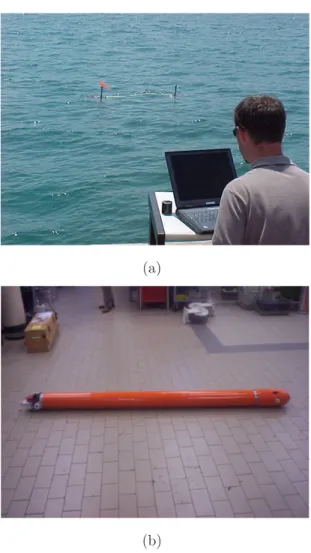 Figure 4.4: F´ olaga vehicle: on the top in navigation, communicating with a shore station; on the bottom in the laboratory.