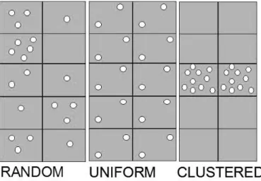 Figura 2.1: Pattern di distribuzione di riferimento: distribuzione casuale, distribuzione uniforme o regolare, distribuzione aggregata o clusterizzata.