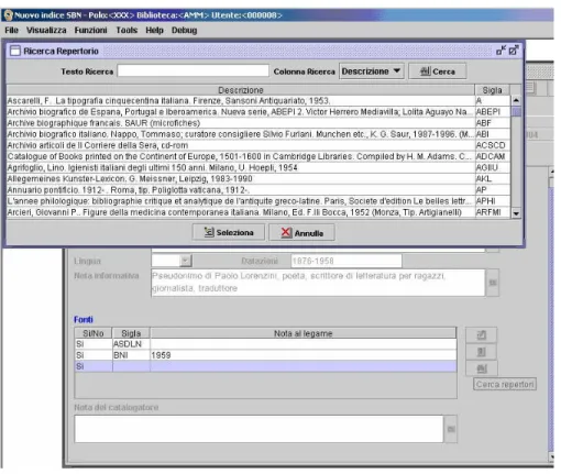 Figura  2.  Da  gestionale:  archivio  bibliografico  dei  repertori,  le  fonti  sono  codificate tramite una sigla 