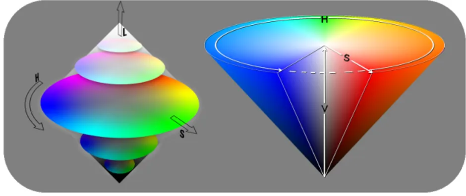 Figure 2.2: HSL arranged as a double-cone and the conical representation of the HSV model.