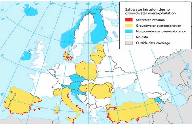 Fig 4 - Processi di salinizzazione in Europa (EEA 2002). 