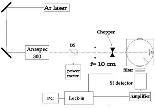 Figure 3.9: Experimental set-up to measure the absorption fraction. Pump laser and visible emission detection