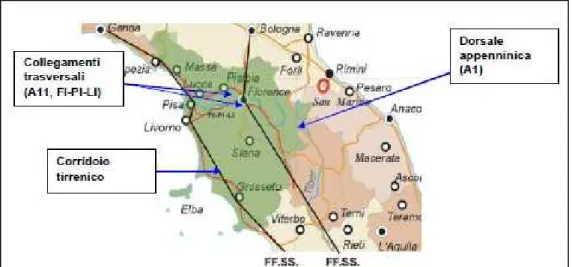 Figura 5: principali corridoi infrastrutturali su territorio toscano.