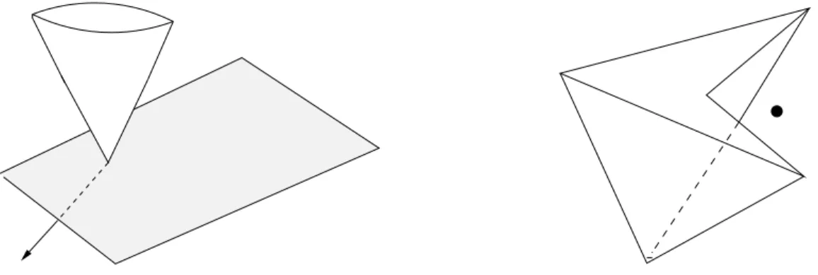 Figura 6: Rappresentazione grafica del metodo del funzionale lineare: a sinistra vengono schema- schema-tizzati il cono convesso C, un vettore non appartenente al cono e il piano che divide il cono e il vettore; nella figura a destra, invece, viene mostrat
