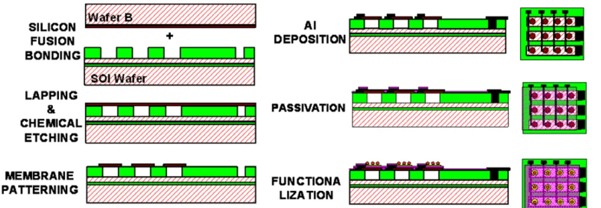 Fig. 1.11 Principali passi del processo di fabbricazione dell’array di sensori a rivelazione  capacitiva