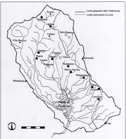 Fig. 2 Pianta con le principali località citate nel testo. Da MILANESE M., BALDASSARRI M., L’archeologia  del XIV secolo in Valdinievole, Buggiano, 2000