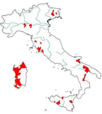Figura 2.3 Distribuzione dell’occhione in Italia (da Brichetti &amp; Fracasso, 2004; modificata)  Per  quanto  riguarda  la  fenologia,  le  popolazioni  dell’Europa  settentrionale  ed  occidentale  e  della  Siberia  occidentale  sono  principalmente  mi