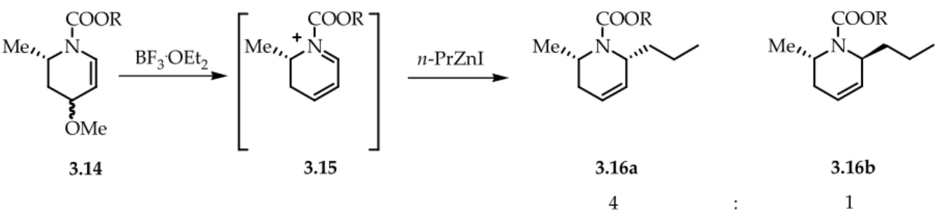 Figura 3. 1. Attacco pseudo assiale stereo elettronicamente favorito del reagente organometallico su 3.15b.NCOORNn-PrZnIN3.143.153.16aBF3.OEt2N3.16b4:1OMeMeCOORMeCOORCOORMeMeNCOOR NuMe3.16aNPhOOMePhONOMeNu-3.15a3.15b