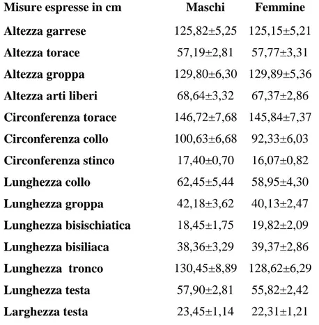Tabella 2 – Valori biometrici in una popolazione di Asino Sorcino Crociato dell’Amiata di età  superiore a 30 mesi (Casini et al., 2007)