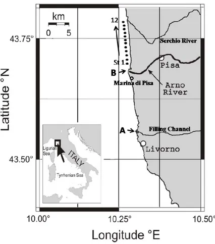 Fig. 3.1.   Map of  the two sites (named A and B) in the polluted coastal area in the province of Pisa  (Tuscany, Italy) where sediments were collected