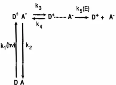 Figure 1.7  Kinetic scheme describing the process of charge generation in  a CTC formed by a donor (D) and an acceptor (A) moieties (s