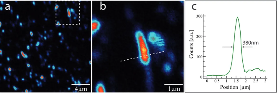 Figure 4.2: (a)A confocal PL image of SWNTs emitting at 800nm - -1000nm spectral range