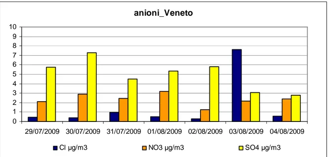 Fig. 8.17 – Concentrazioni degli anioni determinati nel PM10, postazione Via Veneto. 