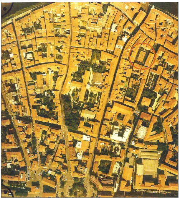 Fig.  14    Foto  area  degli  anni  ’70.  Il  cerchio  rosso  indica  l’attuale  piazza  Gambacorti  dove,  all’epoca, era situato il mercato coperto   