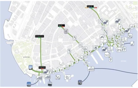 Fig. 25 – Mappa delle attività previste sul waterfront nel tratto di costa compreso tra il  Brooklyn Bridge e l’East River Park 