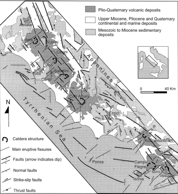 Figura 1. 2: Schema strutturale del margine tirreno della parte centrale della penisola italiana in cui sono  mostrati i diversi distretti vulcanici (Acocella et al., 1999)