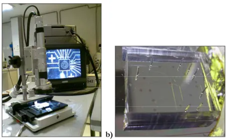 Figure 4. 5 a) Alignment set up composed of a microscope interfaced with a  monitor; b) a control layer overlapping a fluidic layer on a silicon chip.