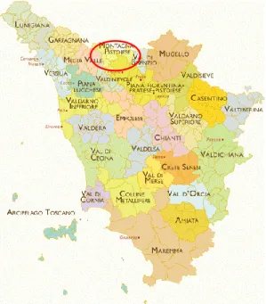 Figura  9:  Aree  geografiche  della  Toscana,  in  evidenza  la  montagna  pistoiese  (http://brunelleschi.imss.fi.it/ist/iaccesso-geo.html) 
