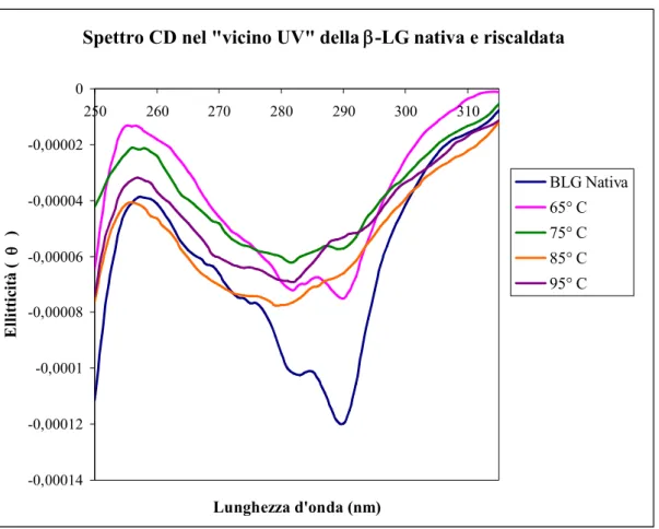 Fig.  6:  Spettro  CD  nella  regione  del  “vicino”  UV  (250-320  nm) della  -LG  nativa  e 