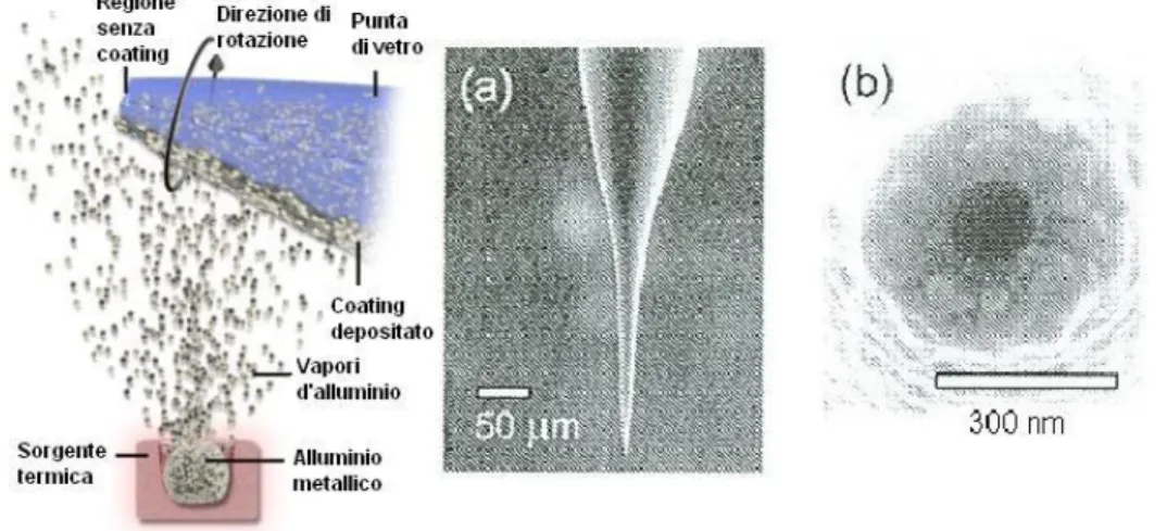 Figura 2.4: A sinistra: metallizzazione della sonda [17]. A destra: (a) microfoto- microfoto-graa della punta, (b) immagine SEM della punta [18] in cui si nota l'apertura in corrispondenza della zona più scura.