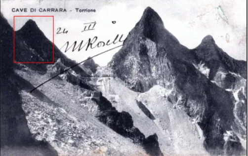 Figura 12:Foto che ritrae la cima dalla stazione di Ravaccione, evidenziato osserviamo una cima oggi completamente  asportata (Comune di Carrara, Settore Marmo)