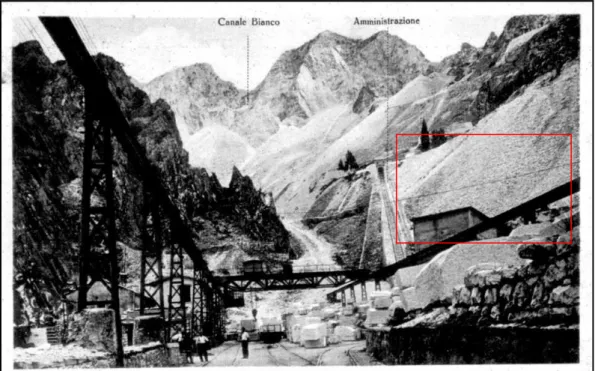 Figura 14:Canal Bianco da Ravaccione evidenziati ravaneti storici tutt’ora presenti e riscontrabili nella foto sottostante  (Comune di Carrara, Settore Marmo)