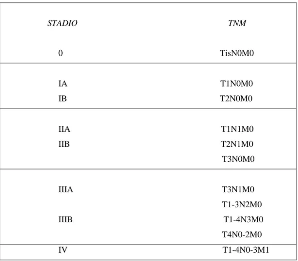 Tabella 4. Raggruppamento in stadi secondo la classificazione TNM. 