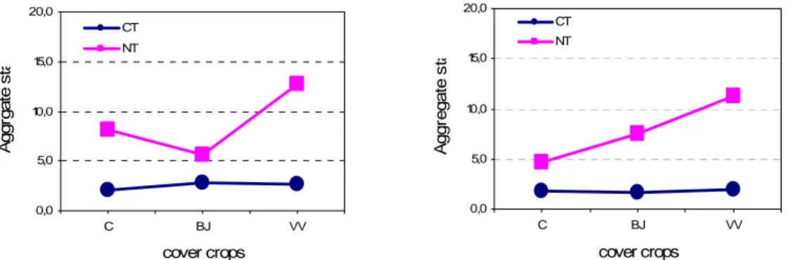 Figura 2 – Variazioni della stabilità degli aggregati nello strato di terreno  superficiale (0-5 cm – a sinistra) e in quello sottosuperficiale (5-10 cm – a destra)  in relazione alla tecnica di lavorazione del terreno ed alla coltura di copertura