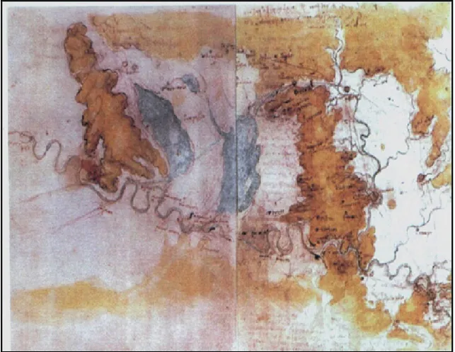 Fig. 2.2.4  Mappa del 1500  di Leonardo da Vinci. Viene visualizzato il sistema di laghi-padule esistenti 