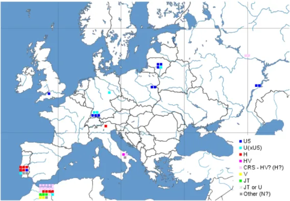 Figura 4: Mappa della distribuzione degli aplogruppi mitocondriali in Europa re- re-lativa al Paleolitico