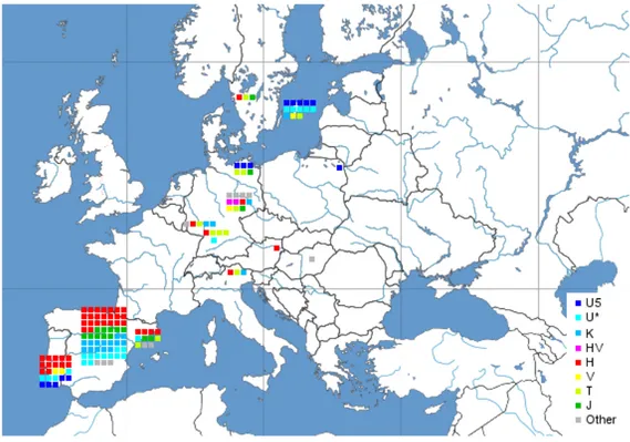 Figura 5: Mappa della distribuzione degli aplogruppi mitocondriali in Euro- Euro-pa relativa al Neolitico