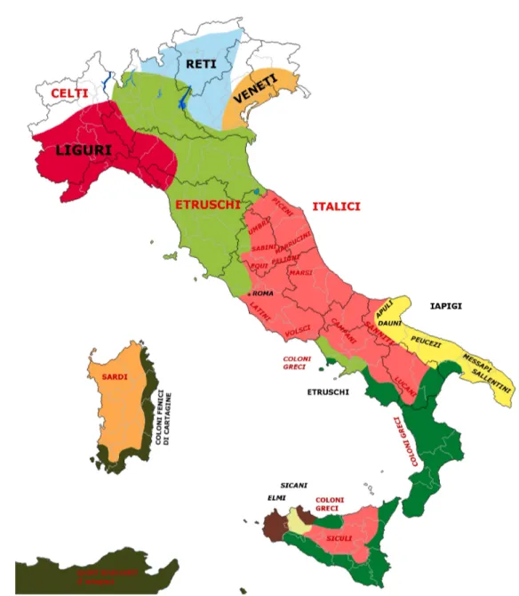 Figura 6: I popoli presenti nella penisola italica, secondo le ipotesi storiche, nel periodo intorno al V sec