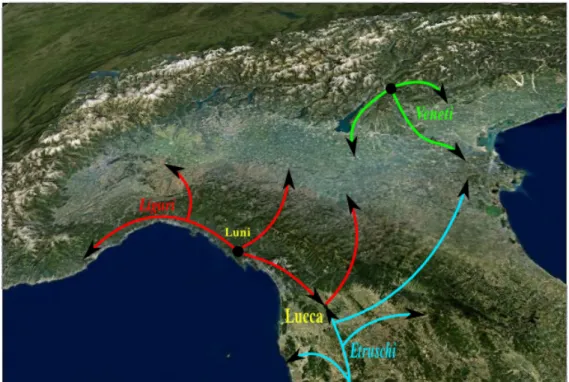 Figura 8: Situazione Pre-Romana del Centro-Nord Italia (circa V sec. a.C.). Con le freccie sono segnate le popolazioni che sono venute a contatto con la popolazione Etrusca.