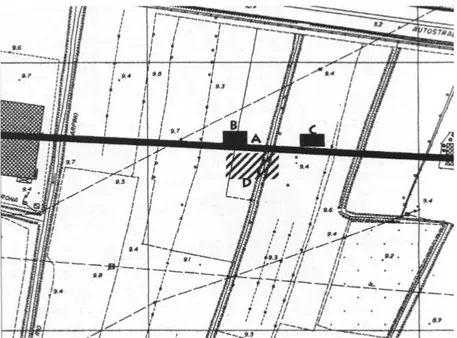 Figura 10: L’area di scavo. Le lettere indicano rispettivamente: D l’area agricola inte- inte-ressata da un reticolato di fossati, A l’asse del decumanus, B l’area delle sepolture, C l’area di deposizioni ad incenerazioni.