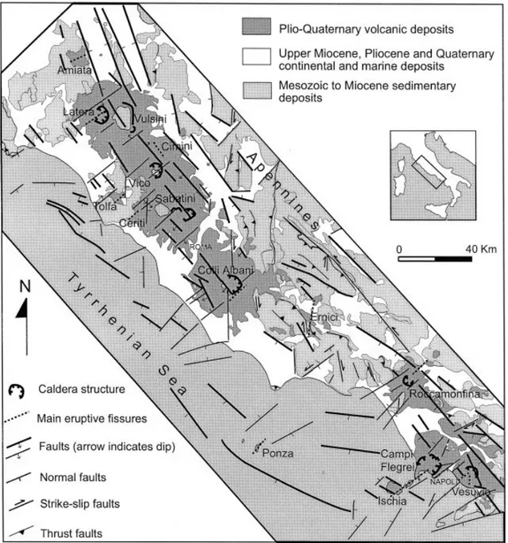Figura 1.1 Schema strutturale del margine tirrenico dell’Italia centro–meridionale con i distretti vulcanici 