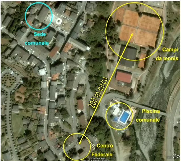 Foto aerea indicante le distanze tra il Centro Federale Tennis e gli impianti sportivi Sede comunale  Campi  da tennis Piscina comunale Centro Federale 