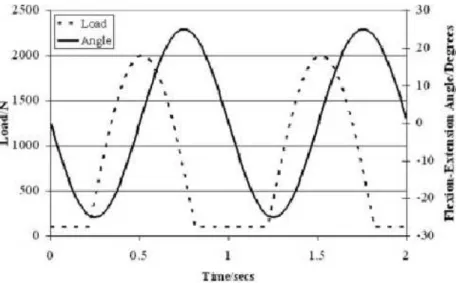 Figura 1.5: Curve di carico e movimento relativo imposte dal simulatore d’anca del gruppo di Fisher [17].