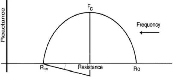 Figura 4. Modello Cole-Cole che descrive la relazione tra resistenza e reattanza a diverse frequenze di 