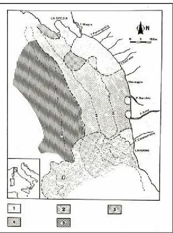 Fig. 3.3.1 - Distribuzione areale delle facies granulometriche: 1 sabbie detritiche; 2 sabbie 