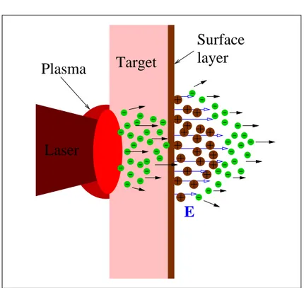 Figura 2.1: Rappresentazione grafica del meccanismo TNSA. Il fa- fa-scio laser proveniente da sinistra iteragisce con il plasma formatosi sulla superficie anteriore del bersaglio