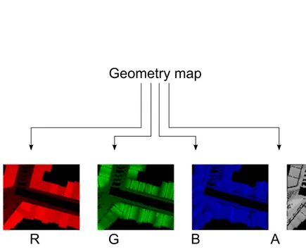 Figura 3.6: Ciascun canale della Geometry map memorizza un’informazione diffe- diffe-rente: (R) Altezza massima; (B) Altezza minima; (G) Coordinata U / Normale n x ; (A) Coordinata V / Normale n y .