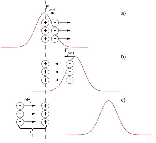 Figura 1.4: Generazione di wakeeld attraverso una doppia spinta ponderomotrice. L'oscillazione perdura, dopo che l'impulso è passato, con frequenza ω p