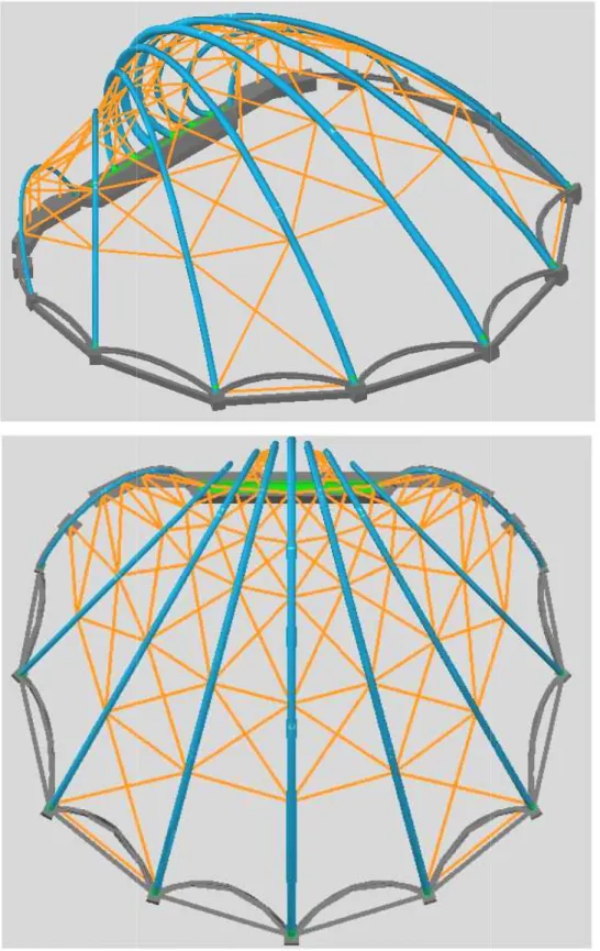 Fig. 6.15: in celeste gli archi, in arancione il sistema di controventamento definitivo