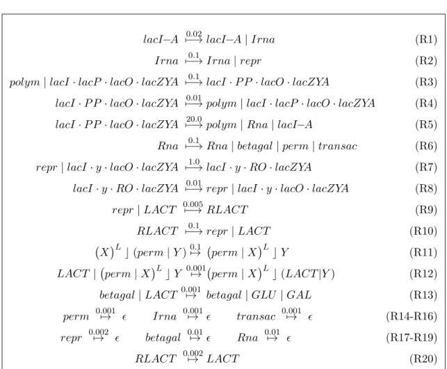 Figure 3.5: Rewrite rules of the Stochastic CLS model of the lactose operon. The first property is related with the amount of enzymes (beta galactosidase and lactose permease) in the absence of lactose in the environment