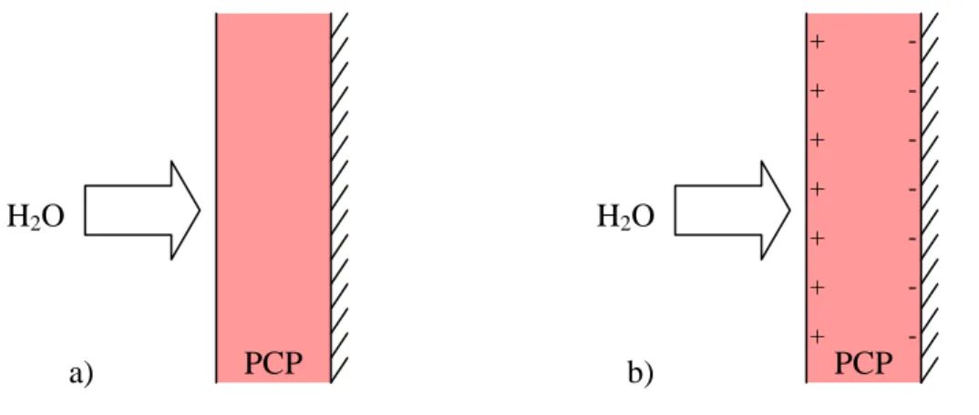 fig. IV.2 – a) Representation of a case study of water adsorption in PCP; b) situation if  D OH  &gt; D O  after a few seconds