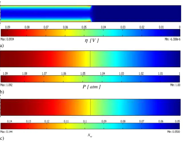 fig. VI.1 – Pictures reporting a) overpotential; b) pressure; c) molar fraction of water;  d) concentration of protonic defects; e) difference of potential at local equilibrium; f) 